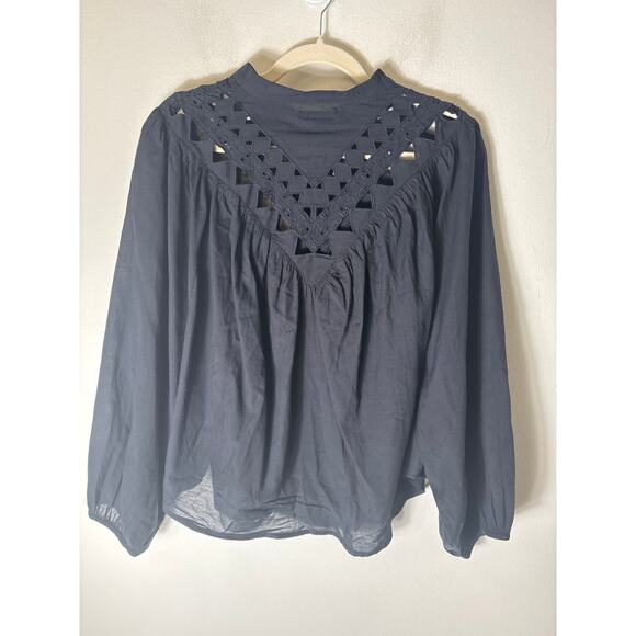 Mother Black Long Puff Sleeve Button Up Cropped Shirt Sz M - Picture 3 of 3